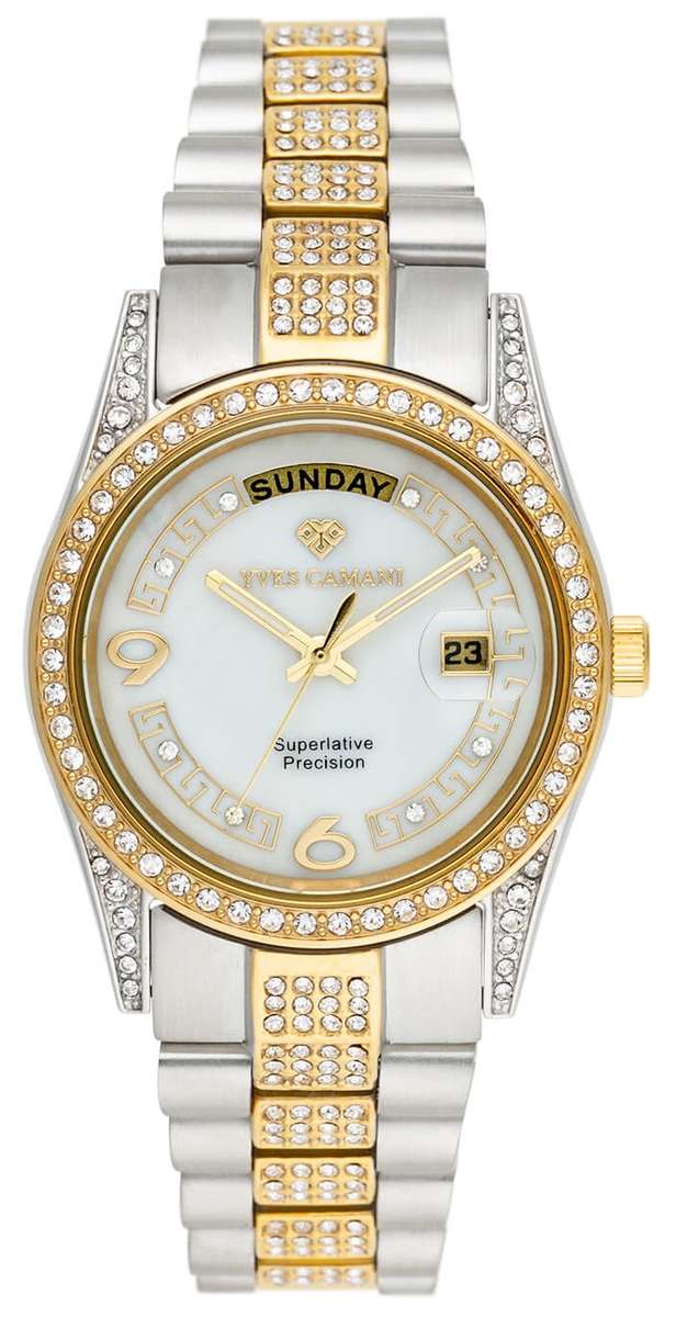 YVES CAMANI Women's Archimedes Rose Gold pl CUBIC ZIRCONIA and Pearl Dial DATE Watch + Gold Tin