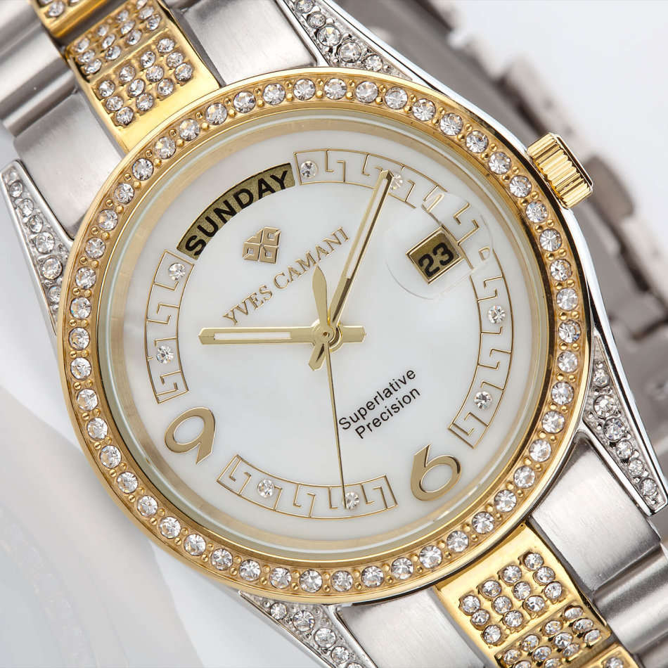 YVES CAMANI Women's Archimedes Rose Gold pl CUBIC ZIRCONIA and Pearl Dial DATE Watch + Gold Tin