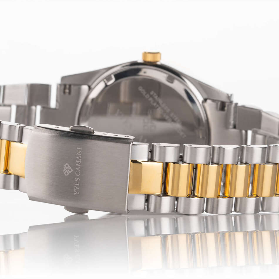 YVES CAMANI Women's Archimedes Rose Gold pl CUBIC ZIRCONIA and Pearl Dial DATE Watch + Gold Tin