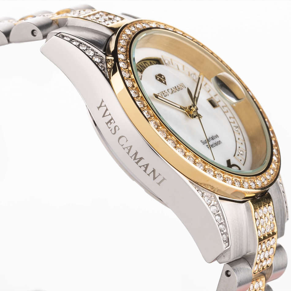 YVES CAMANI Women's Archimedes Rose Gold pl CUBIC ZIRCONIA and Pearl Dial DATE Watch + Gold Tin