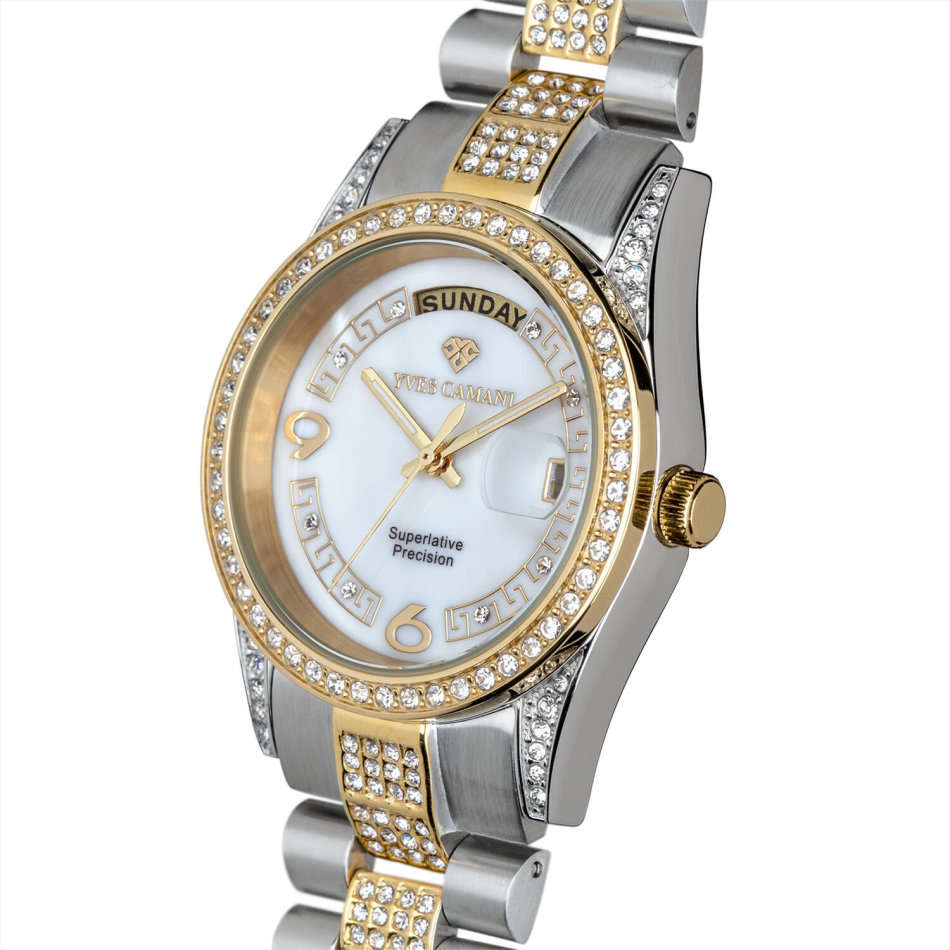 YVES CAMANI Women's Archimedes Rose Gold pl CUBIC ZIRCONIA and Pearl Dial DATE Watch + Gold Tin