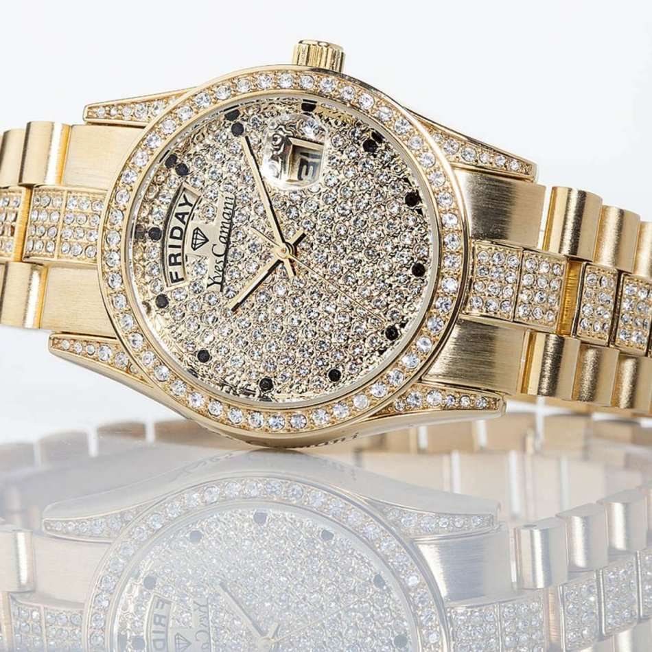 YVES CAMANI Women's Archimedes Gold pl CUBIC ZIRCONIA and Sugar Dial DATE Watch + Gold Tin