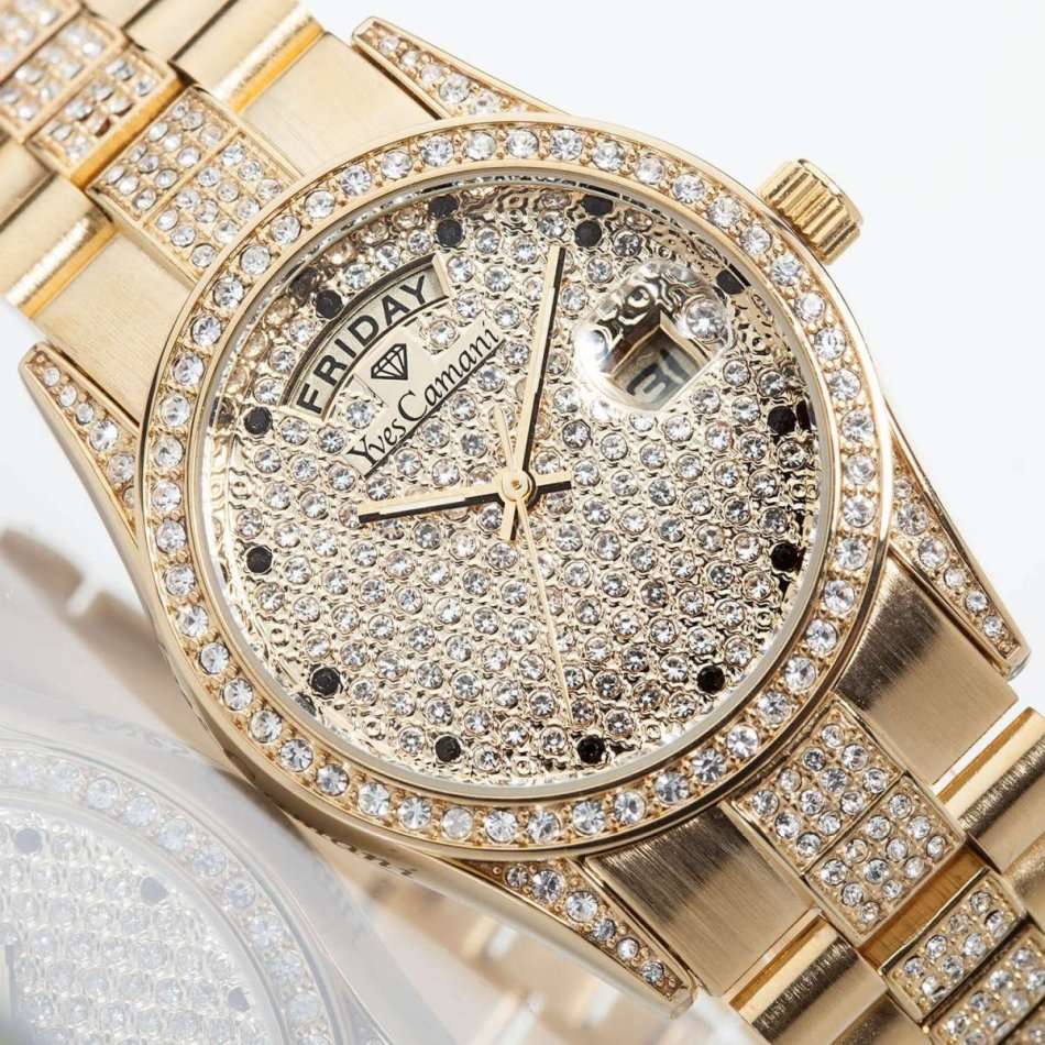 YVES CAMANI Women's Archimedes Gold pl CUBIC ZIRCONIA and Sugar Dial DATE Watch + Gold Tin