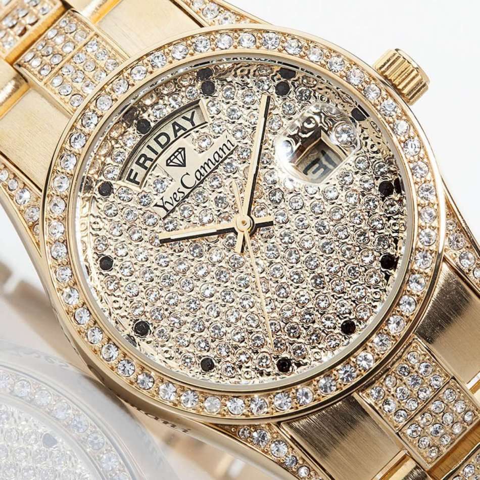 YVES CAMANI Women's Archimedes Gold pl CUBIC ZIRCONIA and Sugar Dial DATE Watch + Gold Tin