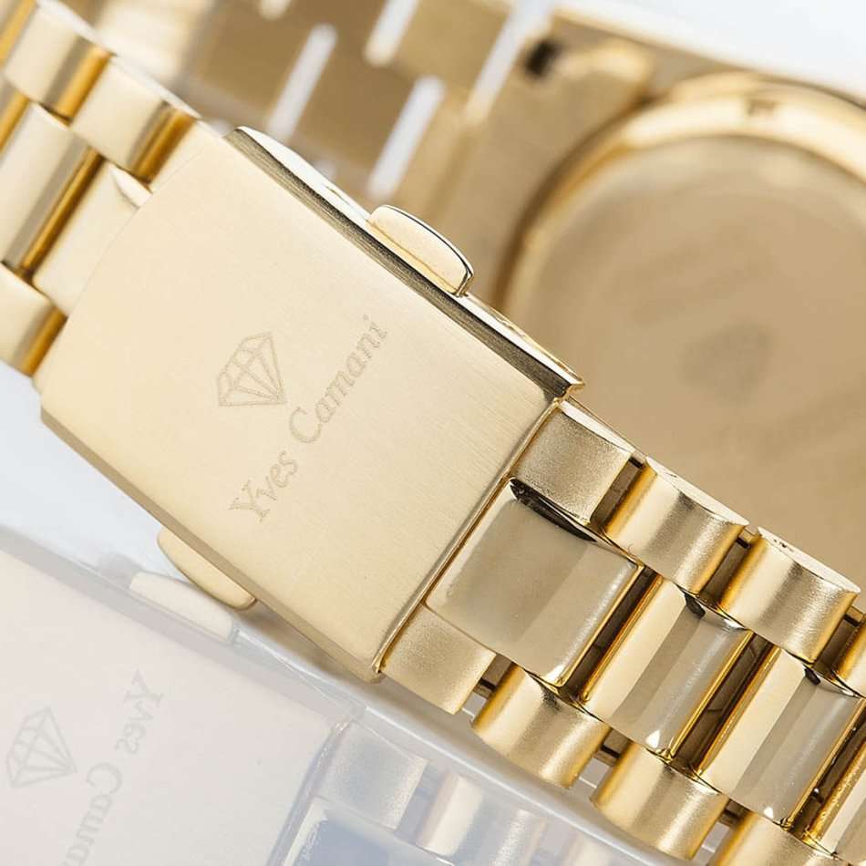 YVES CAMANI Women's Archimedes Gold pl CUBIC ZIRCONIA and Sugar Dial DATE Watch + Gold Tin