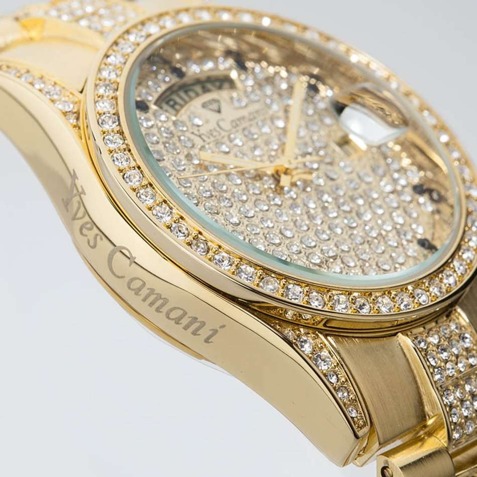 YVES CAMANI Women's Archimedes Gold pl CUBIC ZIRCONIA and Sugar Dial DATE Watch + Gold Tin