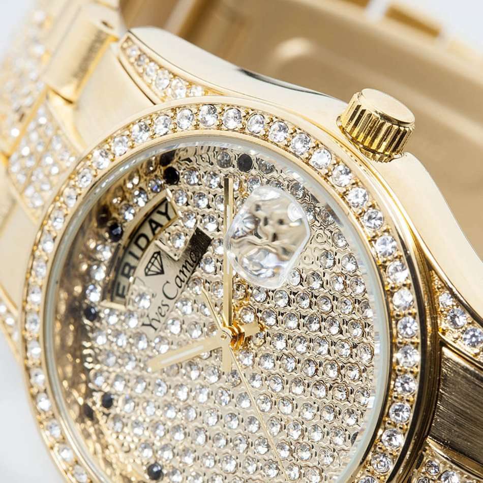 YVES CAMANI Women's Archimedes Gold pl CUBIC ZIRCONIA and Sugar Dial DATE Watch + Gold Tin