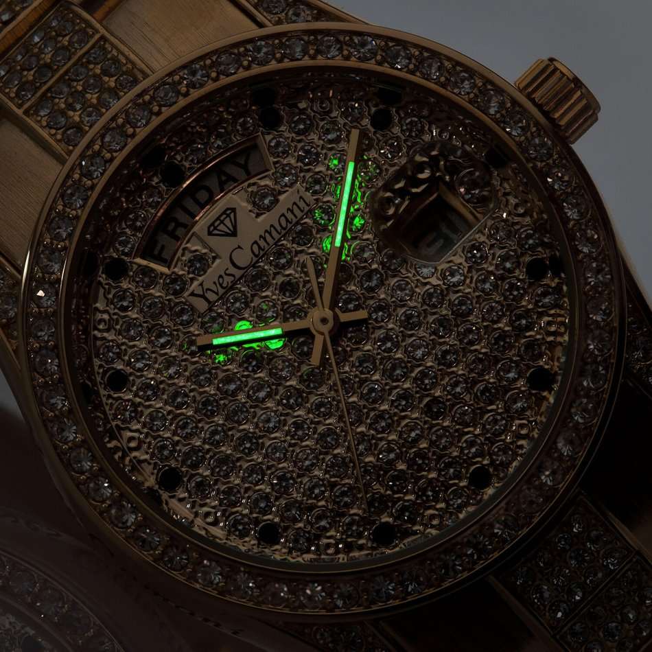 YVES CAMANI Women's Archimedes Gold pl CUBIC ZIRCONIA and Sugar Dial DATE Watch + Gold Tin