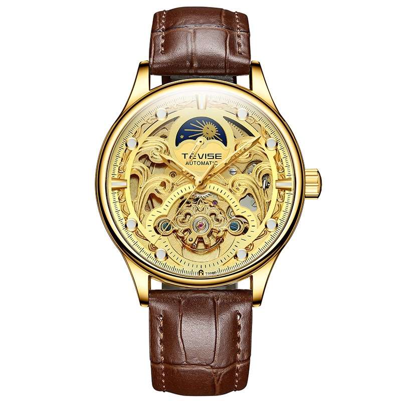 Retail: R2,399.00 TEVISE ® Men's Pirogue II Leather Automatic Moonphase Gold Trim Watch BRAND NEW