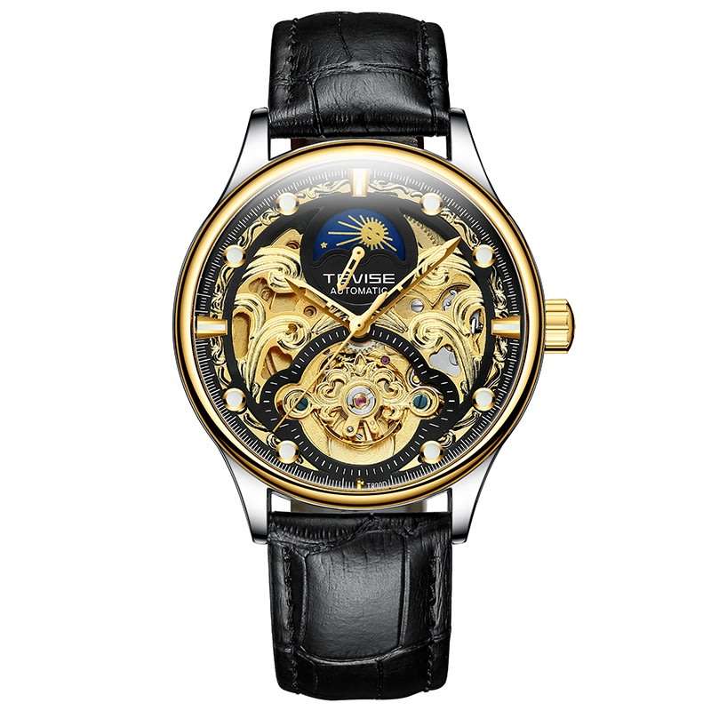 Retail: R2,399.00 TEVISE ® Men's Pirogue II Leather Automatic Moonphase Black Trim Watch BRAND NEW