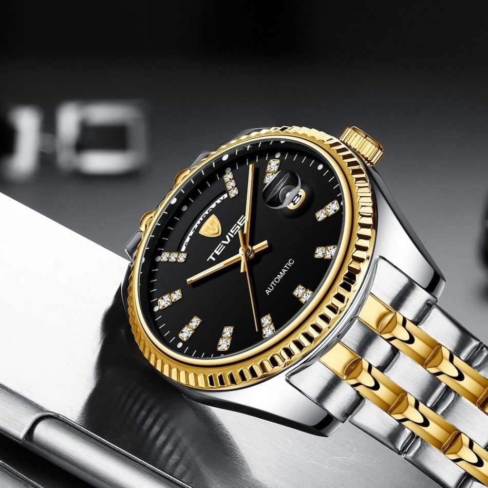 Retail: R2,499.00 TEVISE ® Women`s Krissy AUTOMATIC Black Two Tone Watch BRAND NEW