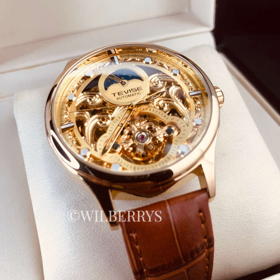 Retail: R2,399.00 TEVISE ® Men's Pirogue II Leather Automatic Moonphase Gold Trim Watch BRAND NEW