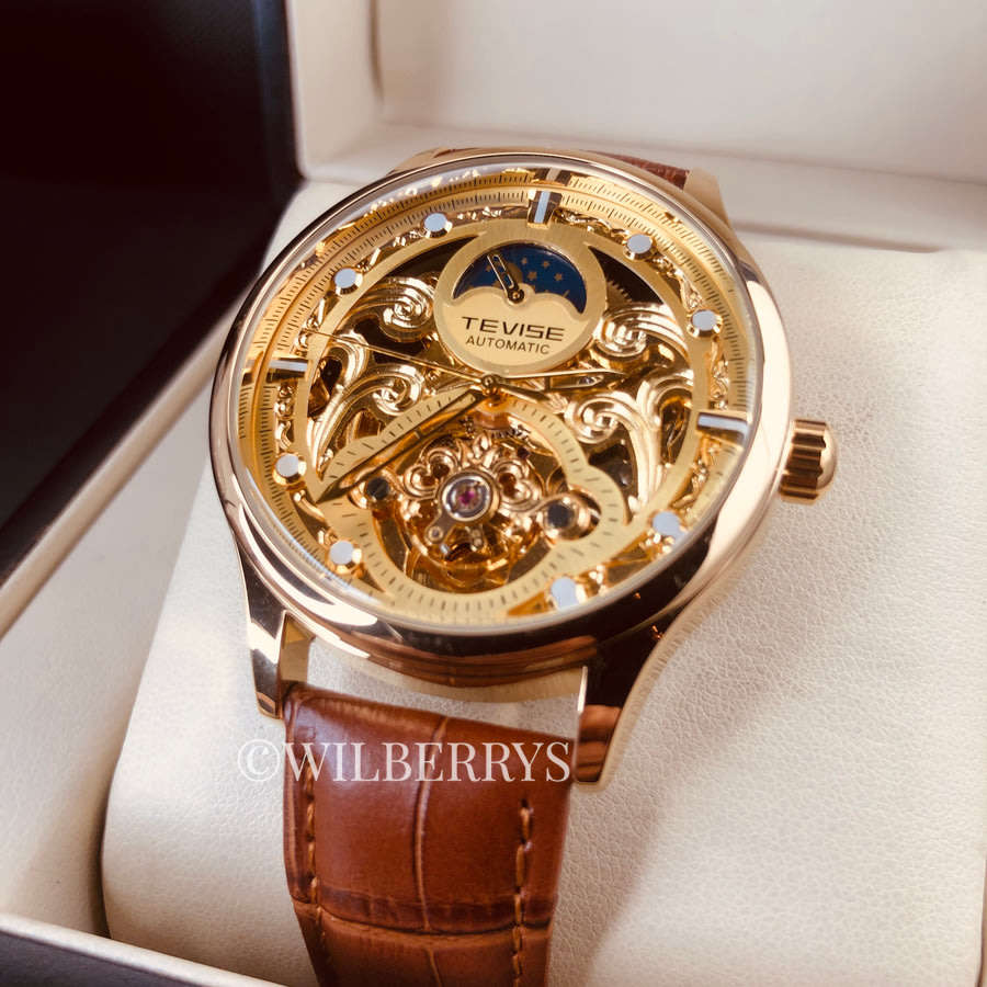 Retail: R2,399.00 TEVISE ® Men's Pirogue II Leather Automatic Moonphase Gold Trim Watch BRAND NEW