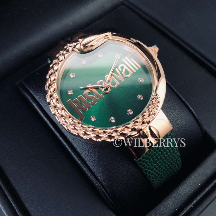 Retail: R5999.00 ROBERTO CAVALLI Women's Bold 40mm Leather Rose Gold/Green Zirconia Watch NEW IN BOX