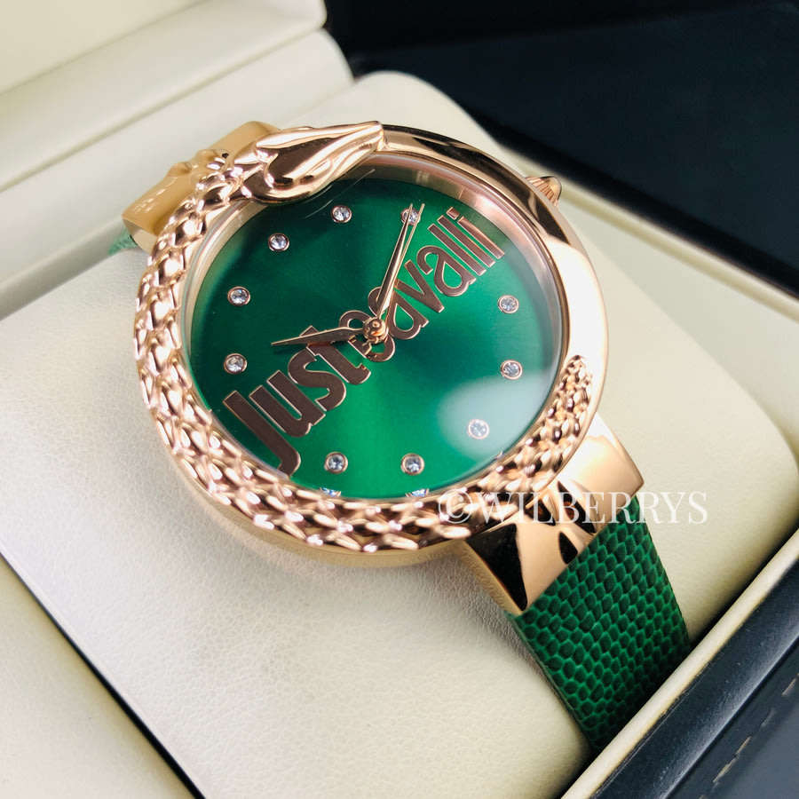 Retail: R5999.00 ROBERTO CAVALLI Women's Bold 40mm Leather Rose Gold/Green Zirconia Watch NEW IN BOX