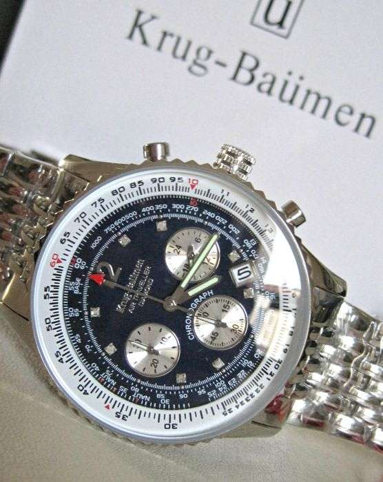 Retail: £775/ R12,975.00 Krug-Baumen Mens Air Traveller Diamond 42mm Chornograph Watch