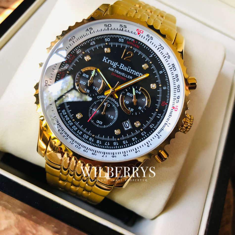 Retail: 9,000.00 Krug-Baumen Men`s Air Traveller 46mm Diamond GOLD pl EDITION Watch BRAND NEW