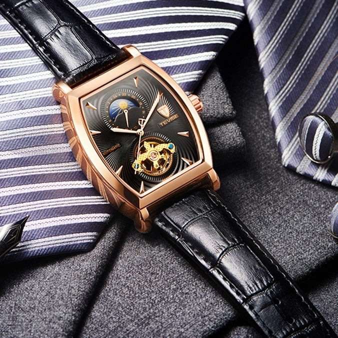 Retail: R2,899.00 TEVISE ® Men's Tonneux Tourbi Moonphase Automatic Rose Gold/Black Watch BRAND NEW