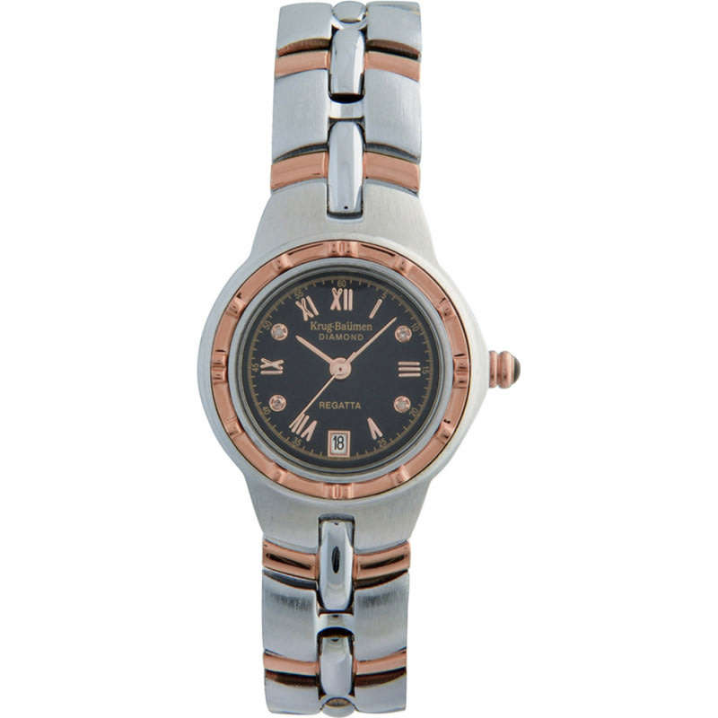 MUST SEE!! Krug Baumen Women`s Regatta 4X Genuine Diamond Black Dial Two Tone Watch BRAND NEW