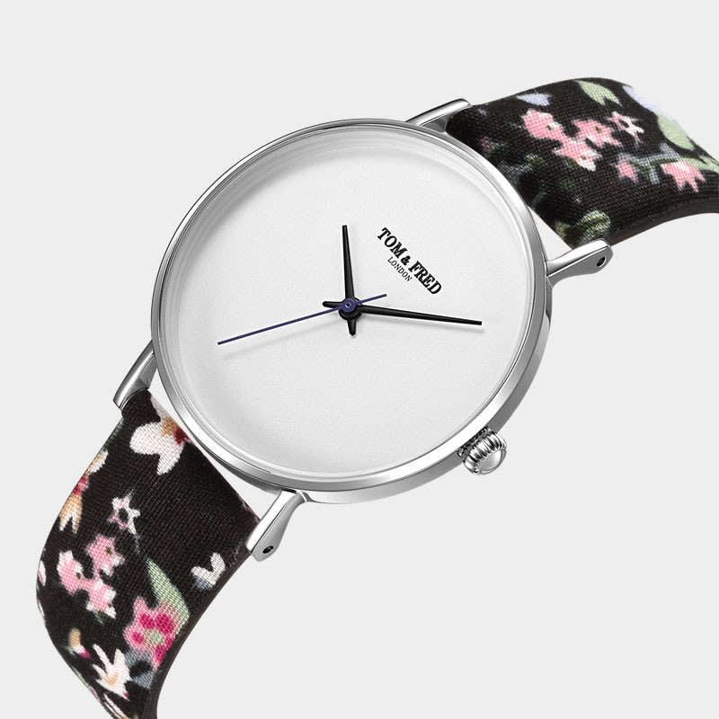 Retail: R2,999.00 TOM & FRED London Women's Swiss Slim Rummage BLACK Floral Leather Watch