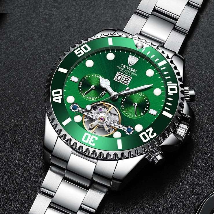 Retail: R2,599.00 TEVISE ® Men`s Perpetual FLYWHEEL Automatic Green Watch BRAND NEW