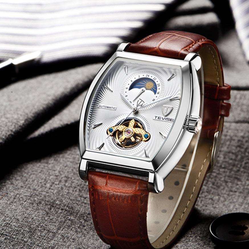 Retail: R2,899.00 TEVISE ® Men's Tonneux Tourbi Moonphase Automatic Silver/Brown Watch BRAND NEW