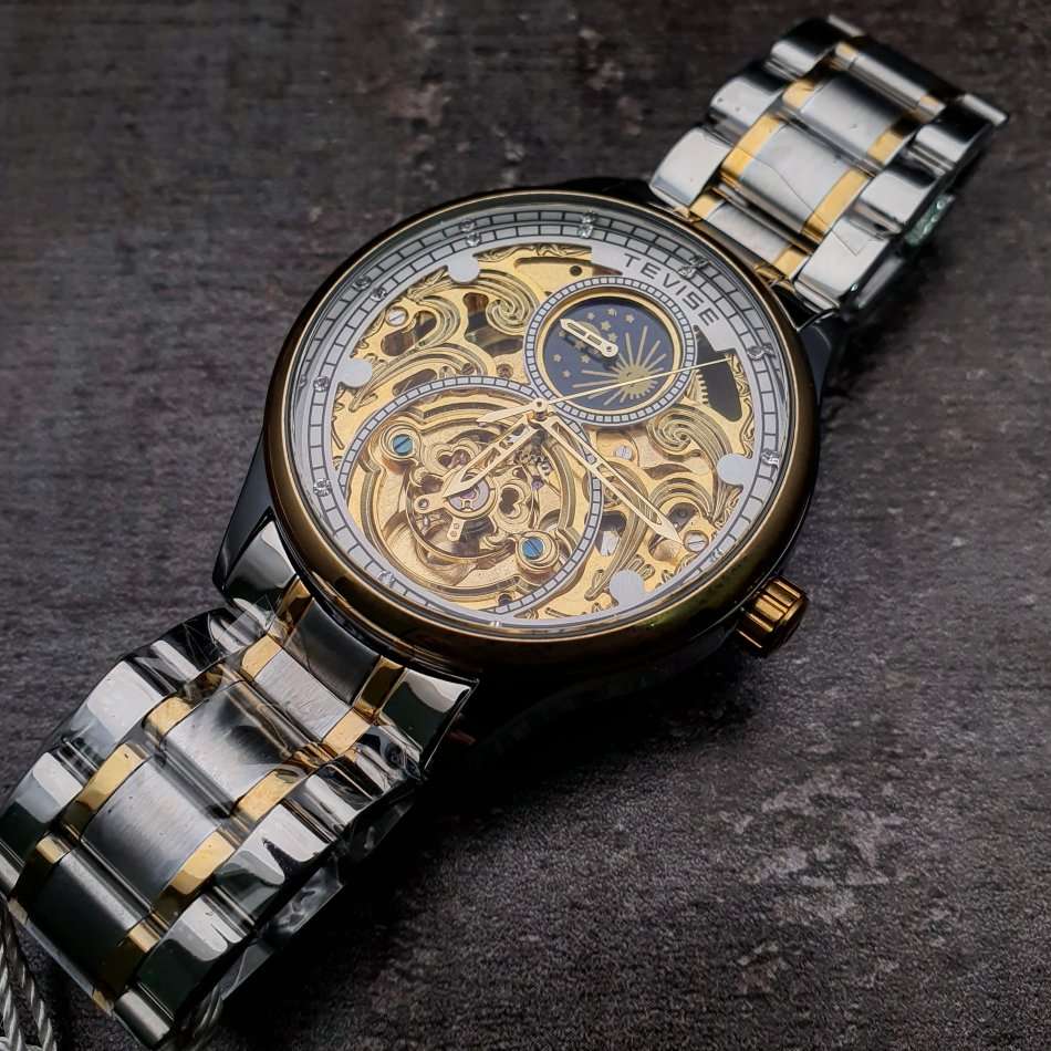 Retail: R2,399.00 TEVISE ® Men's Pirogue II Two Tone Automatic Moonphase Gold Trim Watch BRAND NEW