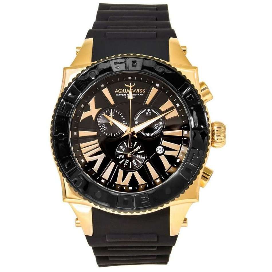 Retail: R18,500.00 Aquaswiss AQUANAUT 18k Gold pl. Silicone THICK/HEAVY Chrono Watch BRAND NEW