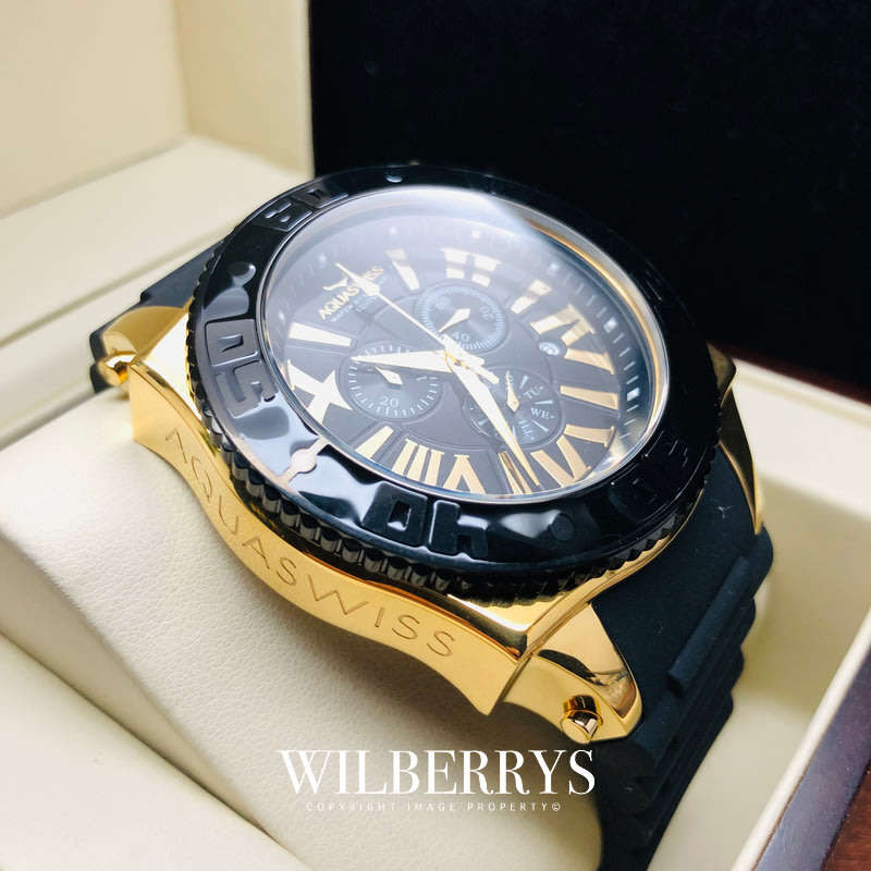 Retail: R18,500.00 Aquaswiss AQUANAUT 18k Gold pl. Silicone THICK/HEAVY Chrono Watch BRAND NEW