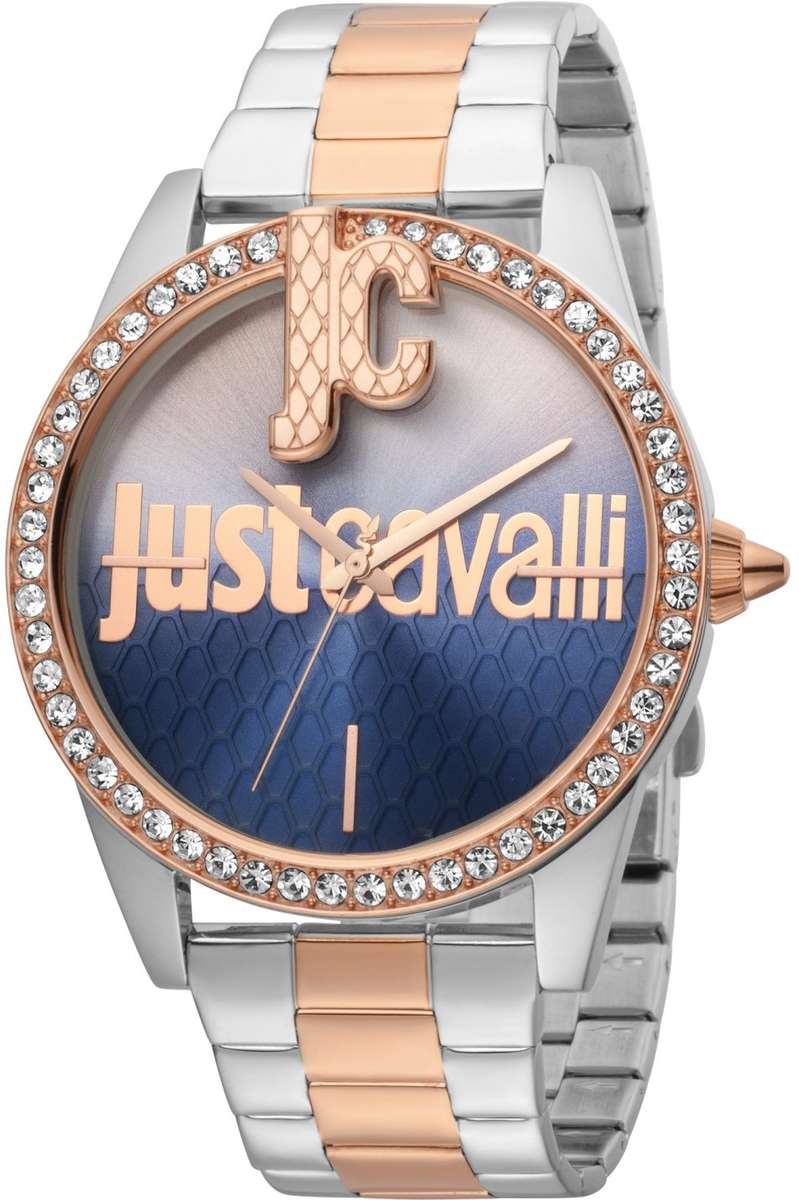Retail: R7,000.00 ROBERO CAVALLI Women's Bold JC 40mm Steel Two Tone/Rose Gold Blue Zirconia NEW