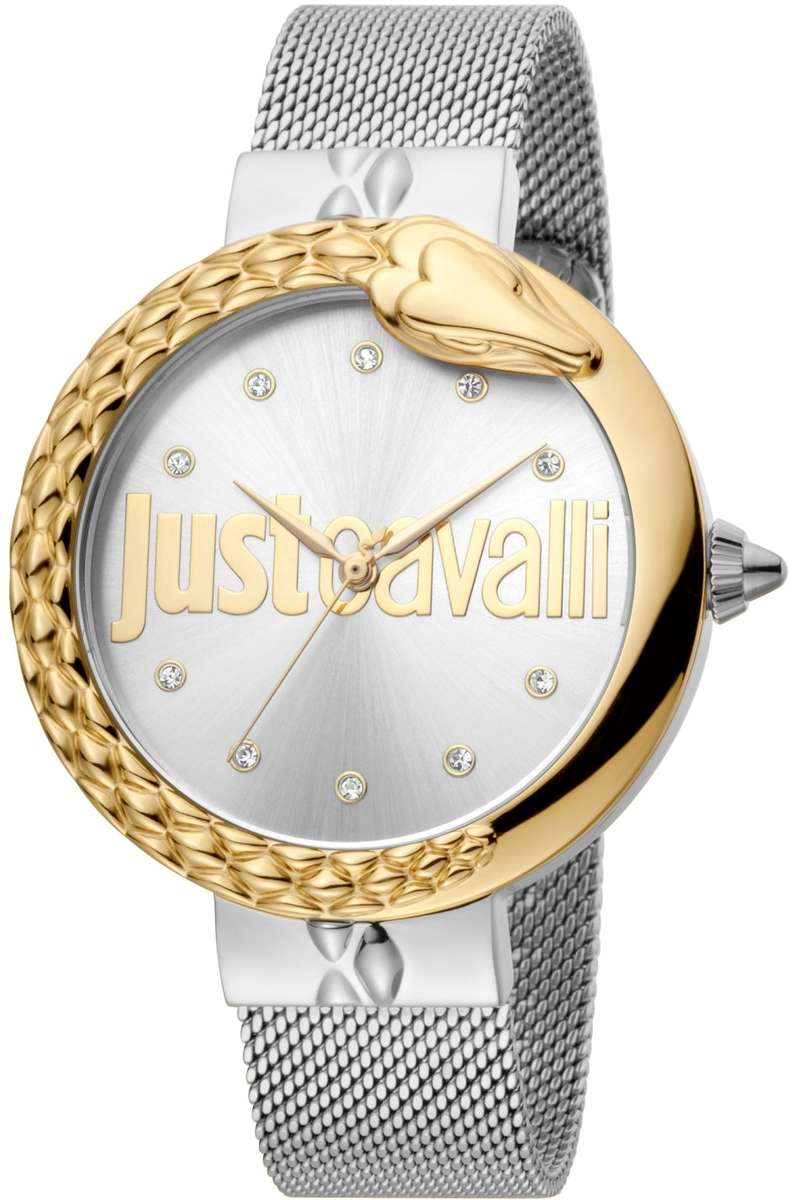 R6999.00 ROBERTO CAVALLI Women's JC SNAKE Bold 40mm Milanese Silver/Gold Zirconia Watch NEW IN BOX