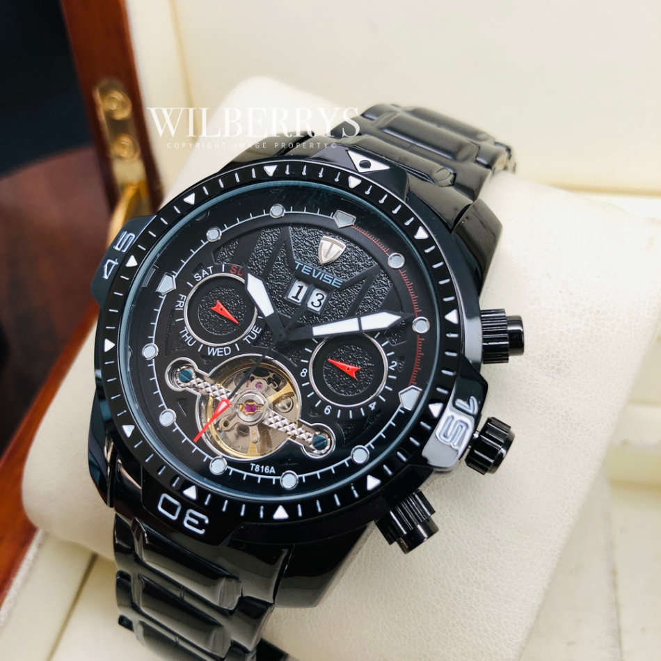 Retail: R2,799.00 TEVISE ® Men's El Diablo AUTOMATIC Leather Black Ionic Watch BRAND NEW