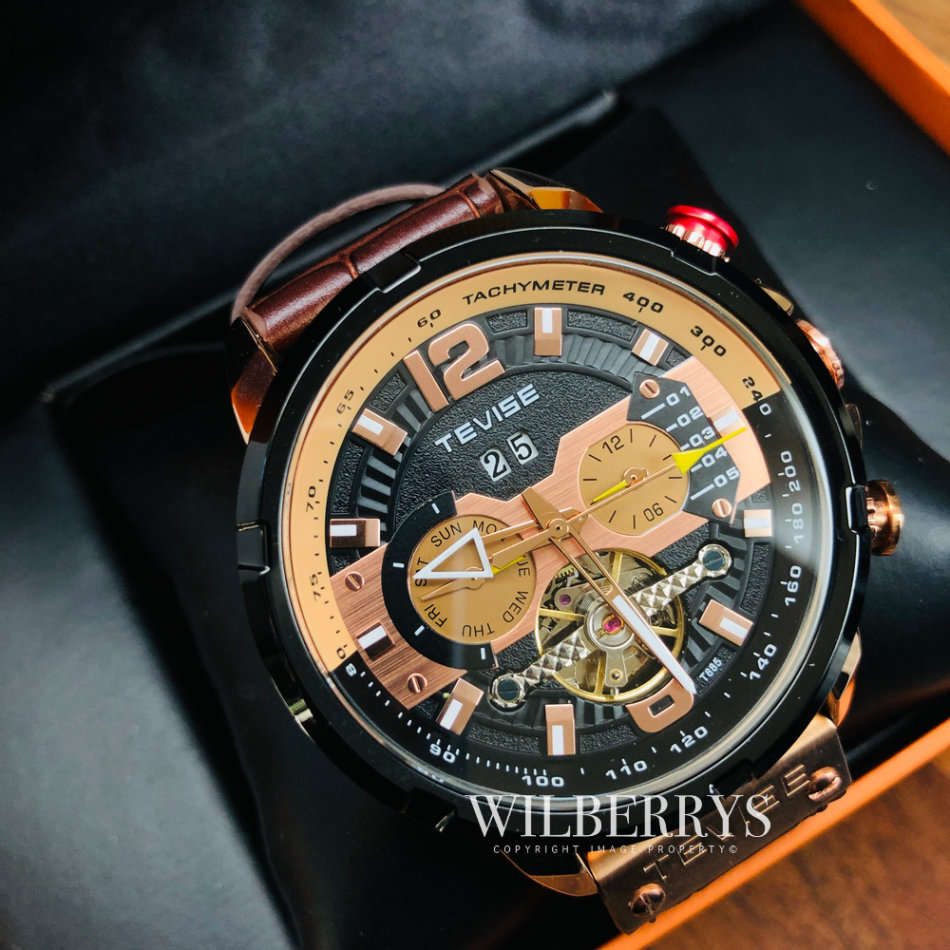 TEVISE ® Men`s non functional Albatross Leather Rose Gold Brown Watch BRAND NEW