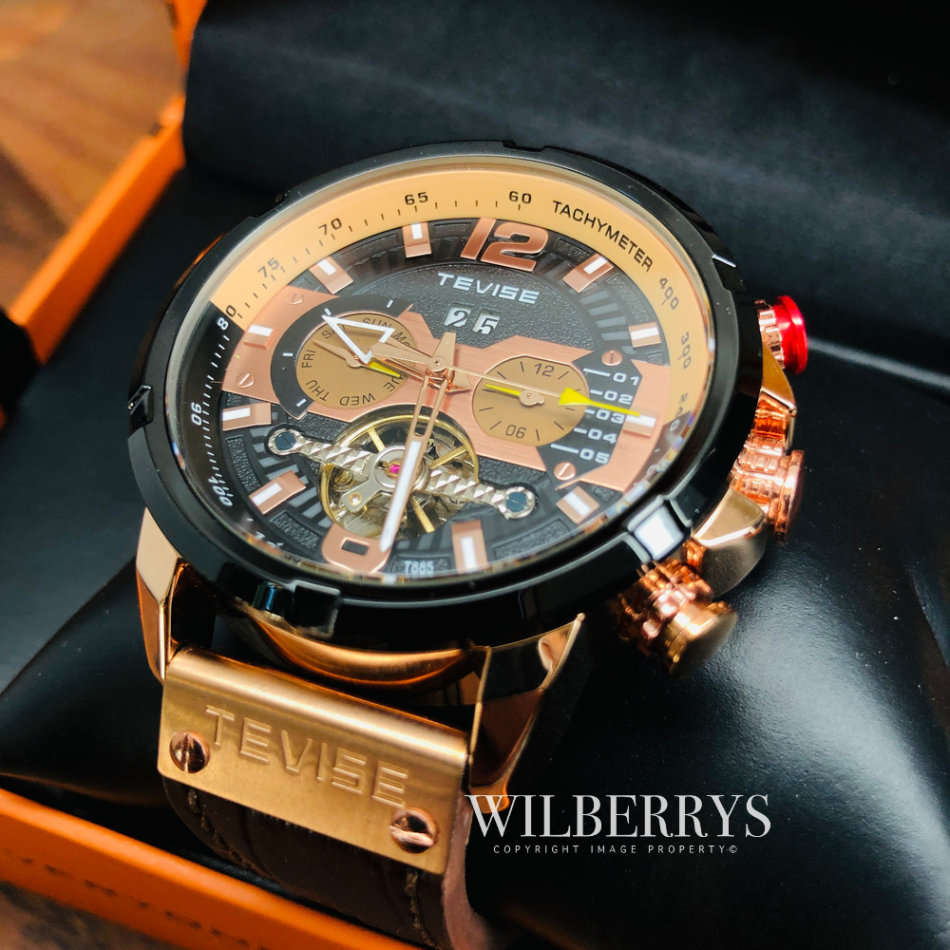 TEVISE ® Men`s non functional Albatross Leather Rose Gold Brown Watch BRAND NEW