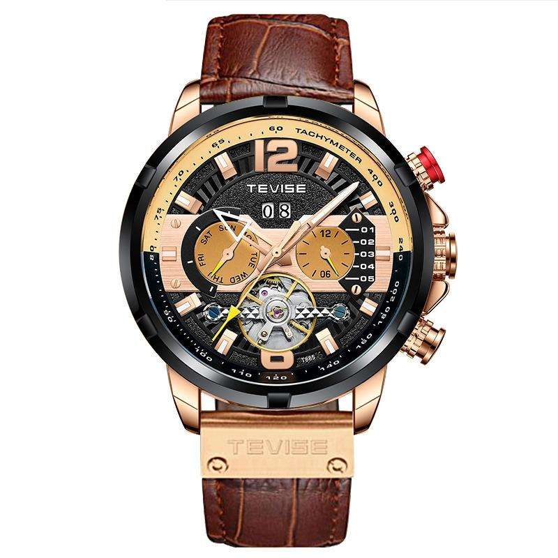 TEVISE ® Men`s non functional Albatross Leather Rose Gold Brown Watch BRAND NEW