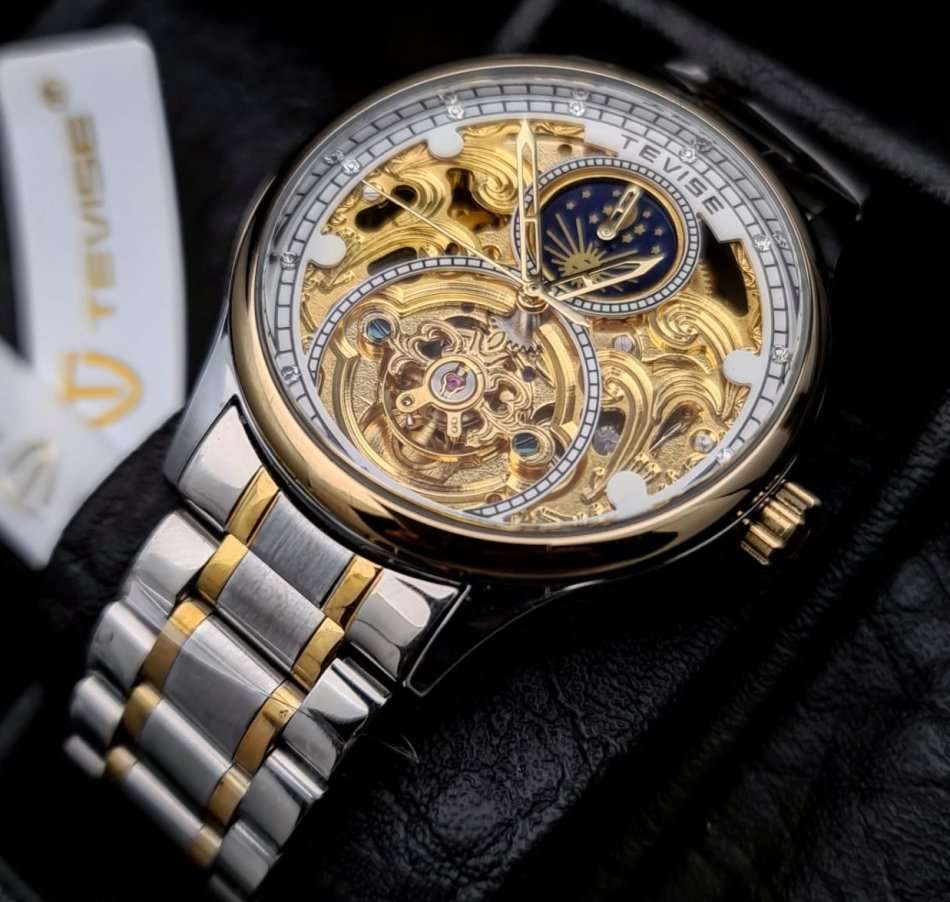 Retail: R2,399.00 TEVISE ® Men's Pirogue II Two Tone Automatic Moonphase Gold Trim Watch BRAND NEW