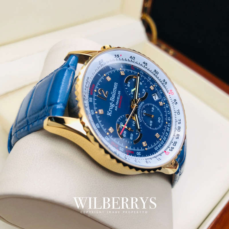 Retail: R11,000.00 Krug-Baumen Men's Air Traveller Diamond Blue Edition Watch BRAND NEW