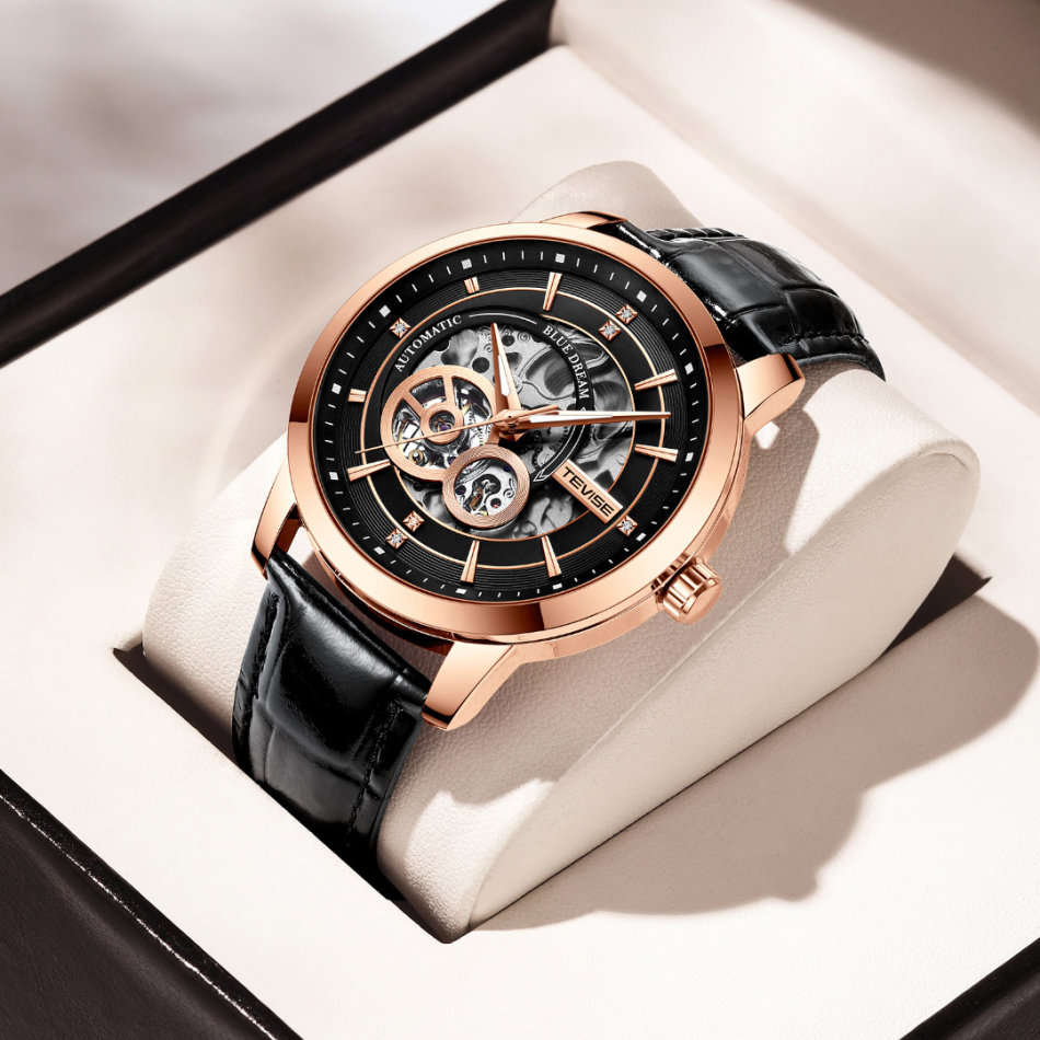 Retail: R2,599.00 TEVISE ® Men's Dream Automatic Leather Black/Rose Gold BRAND NEW