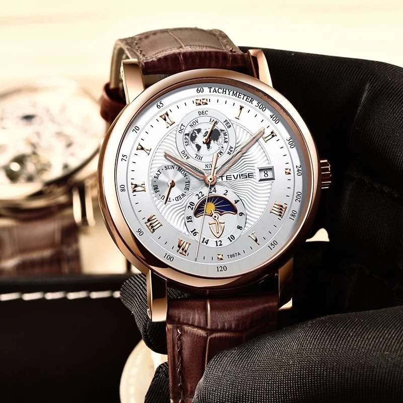 Retail: R2,599.00 TEVISE ® Men's Namura Moon Phase Automatic Leather White/Rose Gold BRAND NEW