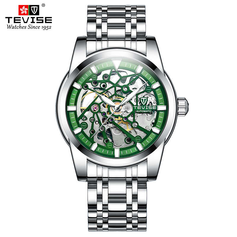 Retail: R2,399.00 TEVISE ® Men`s Skeleton II Classic Steel Silver/Green Watch BRAND NEW