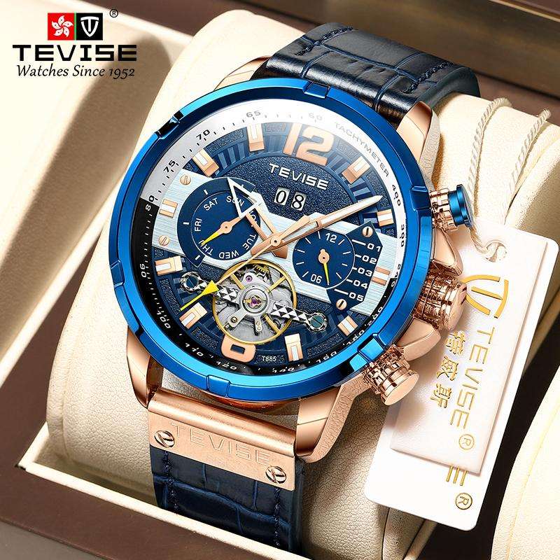 Retail: R2,399.00 TEVISE ® Men's Albatross AUTOMATIC Leather Rose Gold Blue Watch BRAND NEW