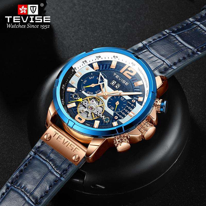 Retail: R2,399.00 TEVISE ® Men's Albatross AUTOMATIC Leather Rose Gold Blue Watch BRAND NEW