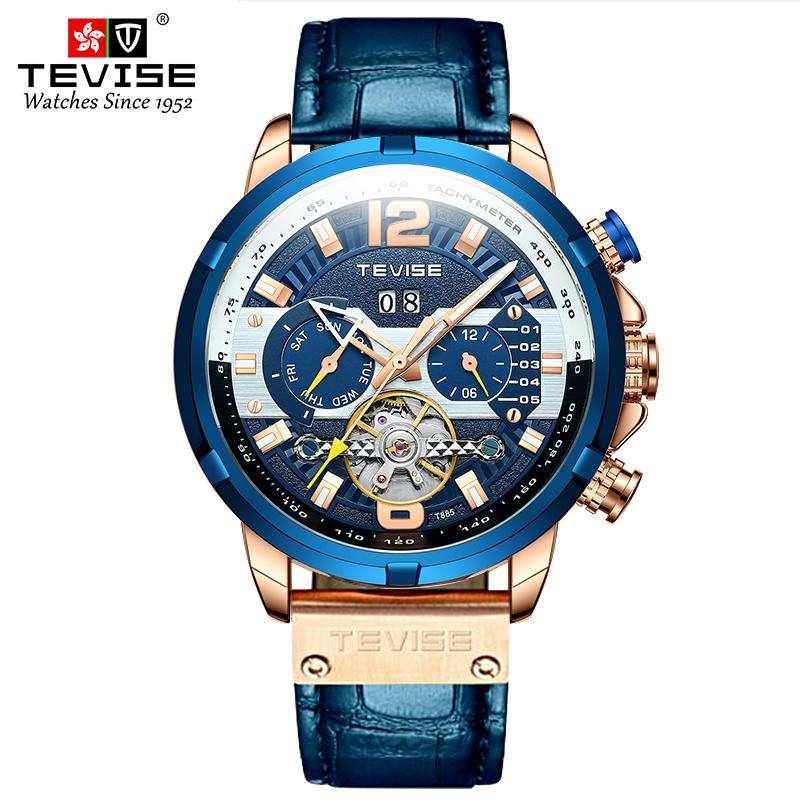Retail: R2,399.00 TEVISE ® Men's Albatross AUTOMATIC Leather Rose Gold Blue Watch BRAND NEW