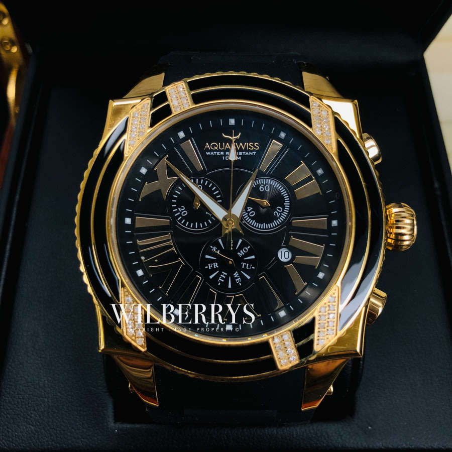Retail: R28,500.00 Aquaswiss AQUANAUT DIAMOND 18k Gold pl. THICK/HEAVY Chrono Watch BRAND NEW