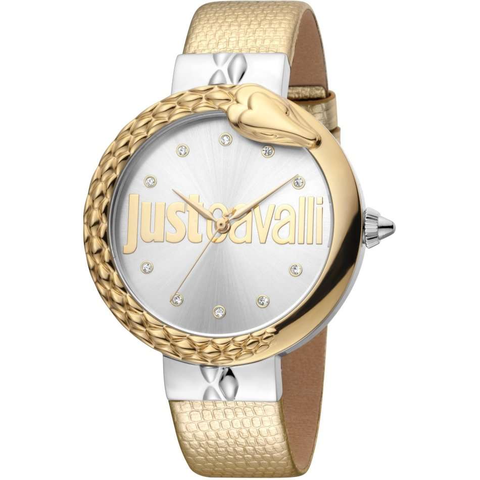R7k ROBERO CAVALLI Women's Bold 40mm Leather Gold/Golden Zirconia Watch GENUINE BRAND NEW