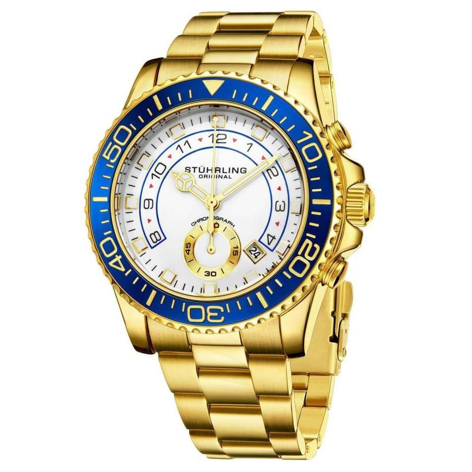 Retail: R7,999.00 STUHRLING ORIGINAL® Men's YACHTMAN 100M GOLD EDITION Chrono Watch BRAND NEW