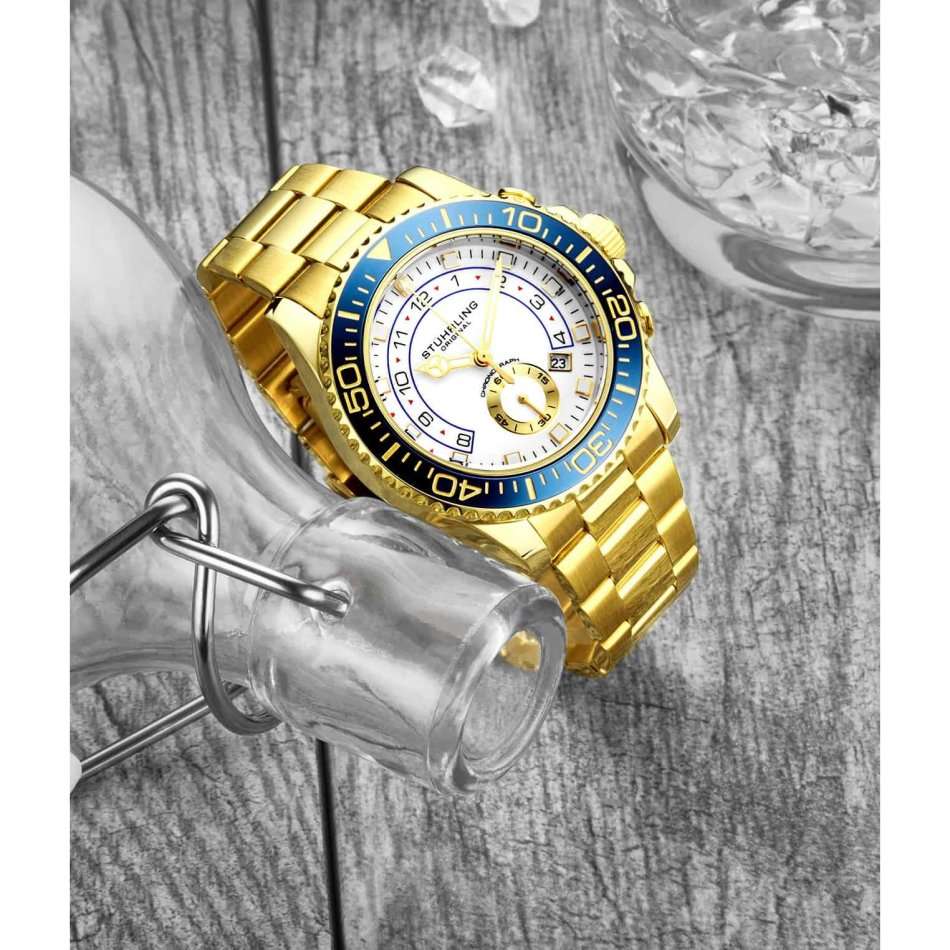 Retail: R7,999.00 STUHRLING ORIGINAL® Men's YACHTMAN 100M GOLD EDITION Chrono Watch BRAND NEW