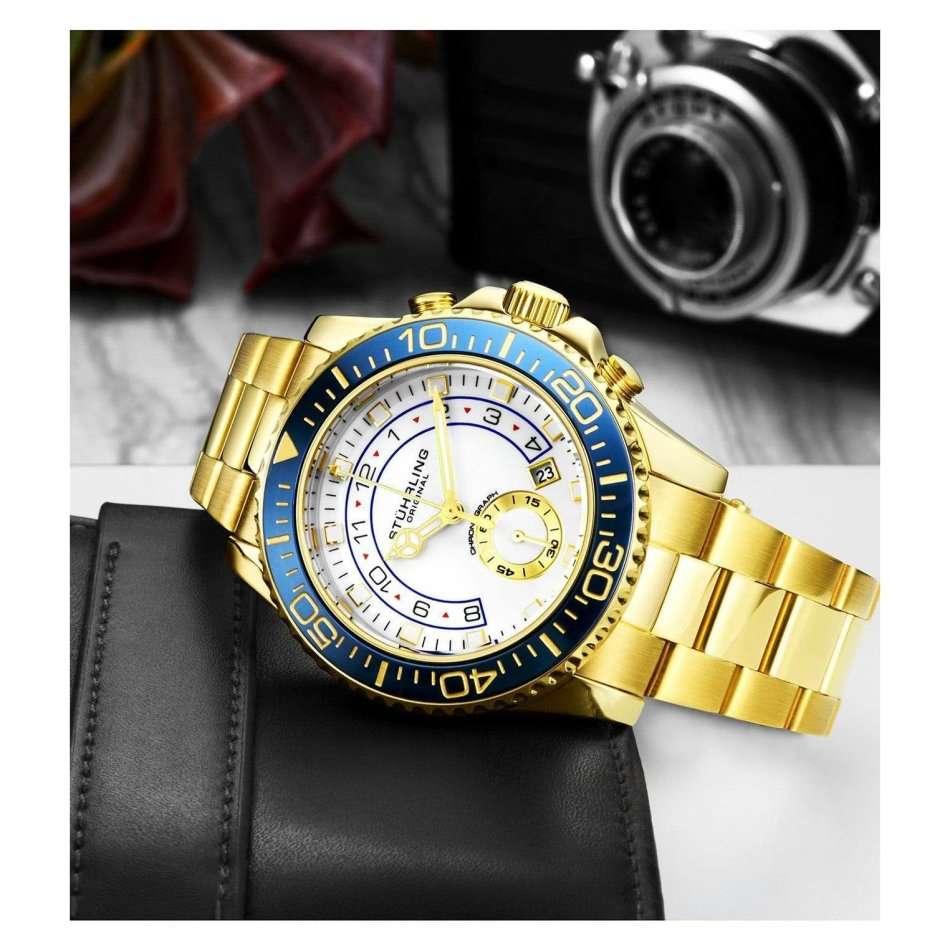 Retail: R7,999.00 STUHRLING ORIGINAL® Men's YACHTMAN 100M GOLD EDITION Chrono Watch BRAND NEW