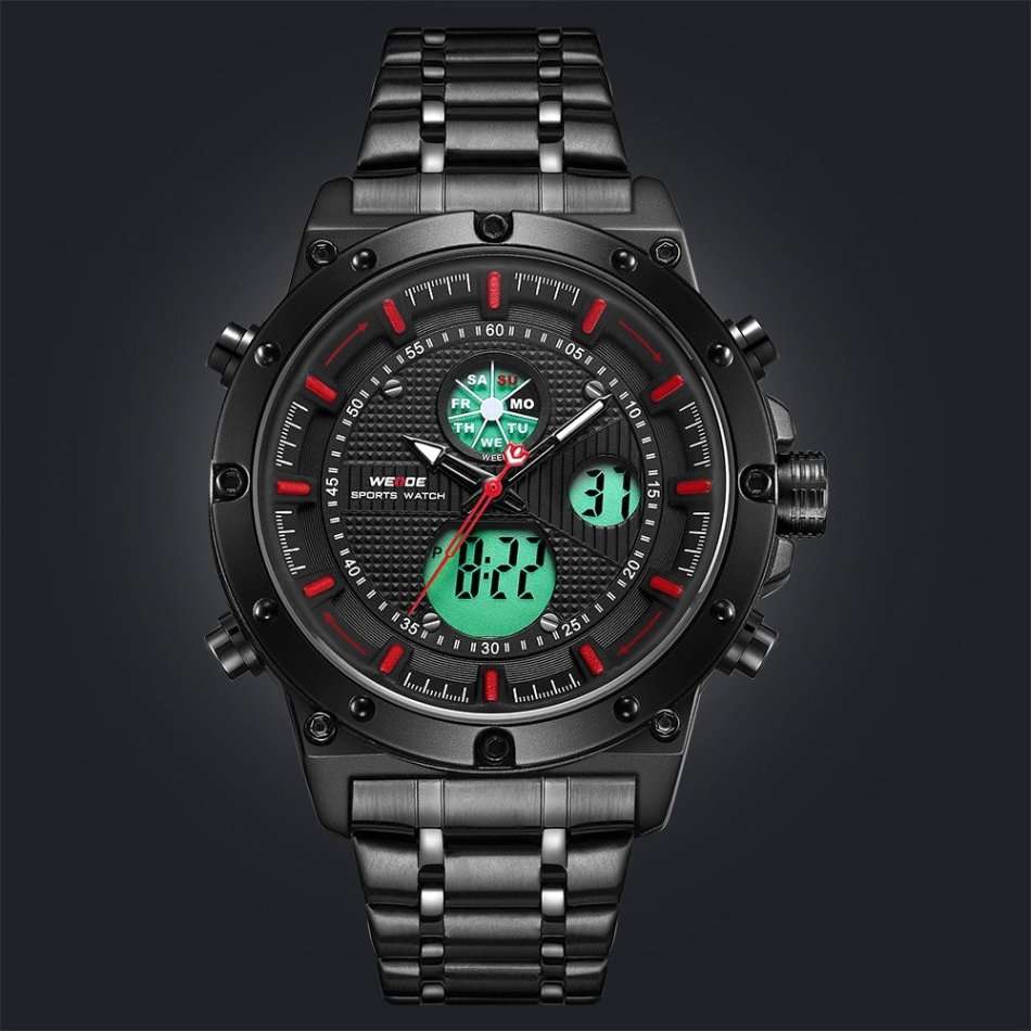WEIDE Men's GOBLIN Ionic Steel 48mm Red Trim Dual Time + ALARM Watch BRAND NEW official SA store