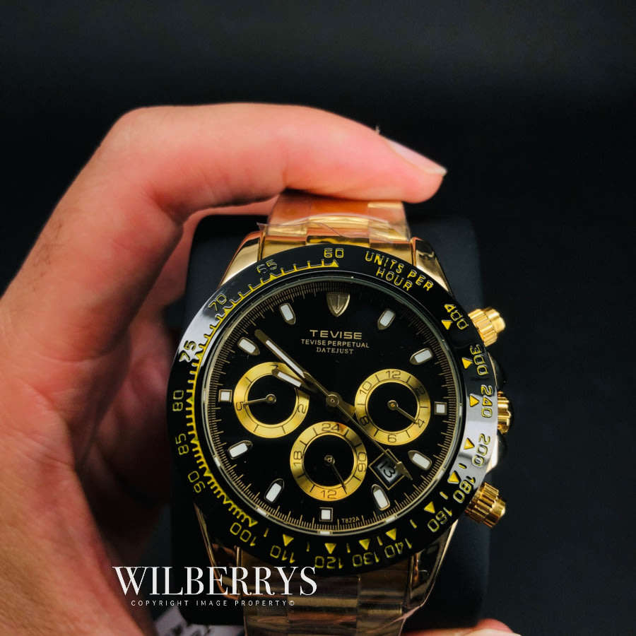 Retail: R2,599.00 TEVISE ® Men's Californian Racer Perpetual Automatic Gold/Black Watch BRAND NEW